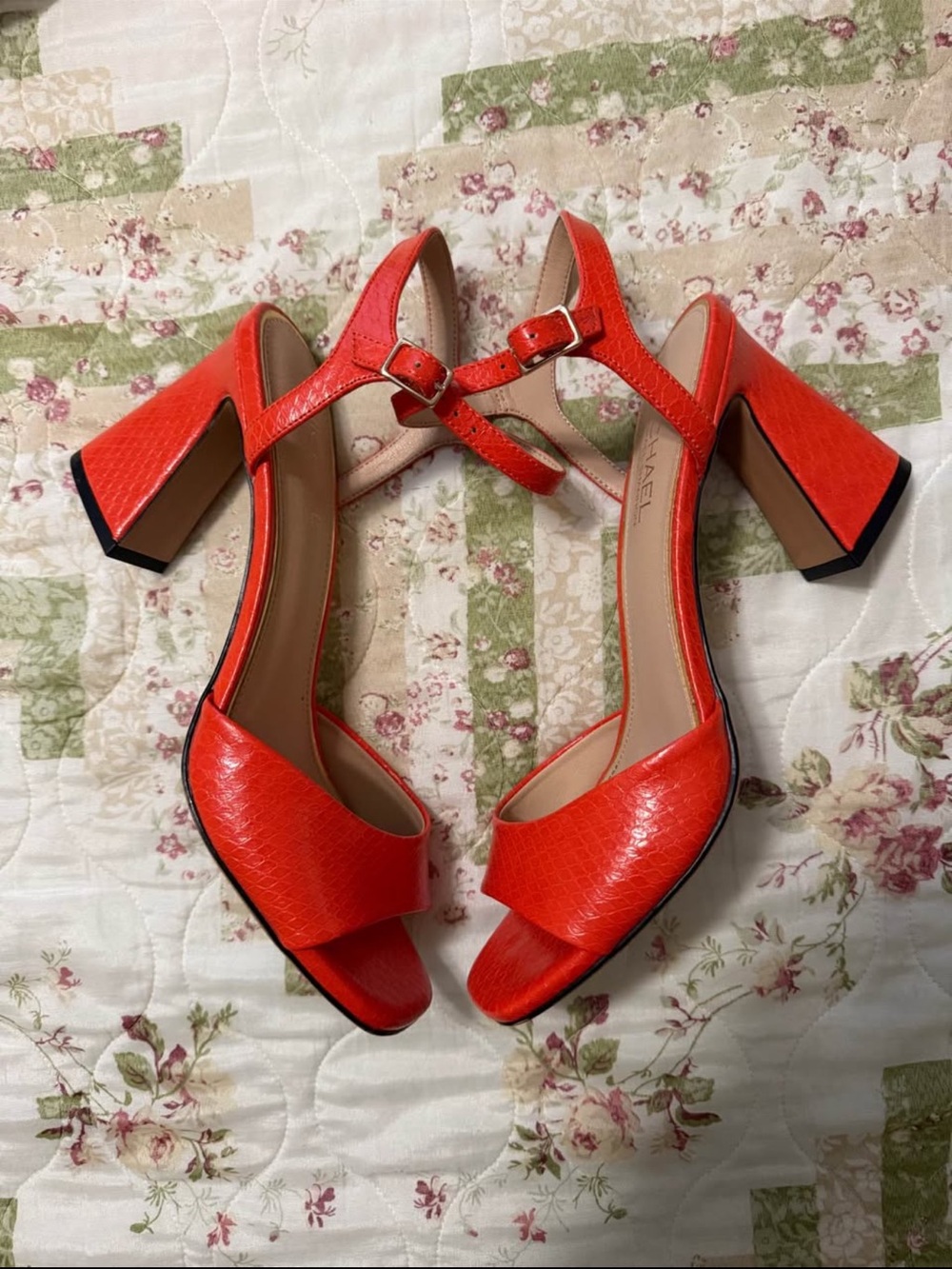 Michael Shannon Bright Orange Block Heel Sandals